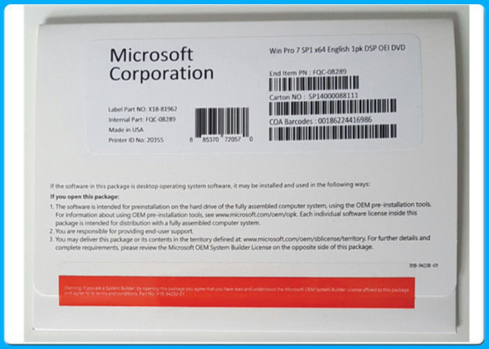 Microsoft Windows 7 Professional Pro SP1 64 Bit Hologram DVD COA License