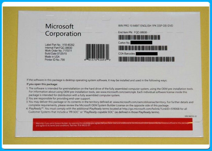 100% Original Microsoft Windows Software For Windows 10 Professional 64BIT French version