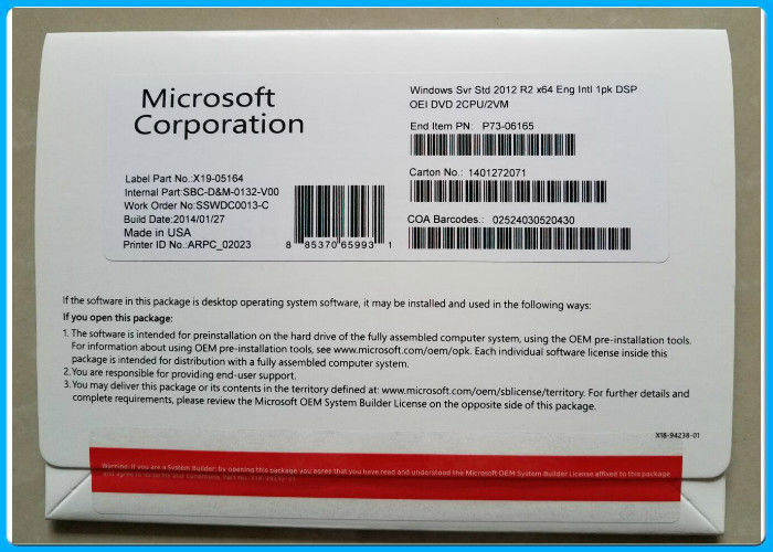 Microsoft Windows Server 2012 Standard R2 DSP OEI DVD &amp; COA 2CPU / 2VM P73-06165