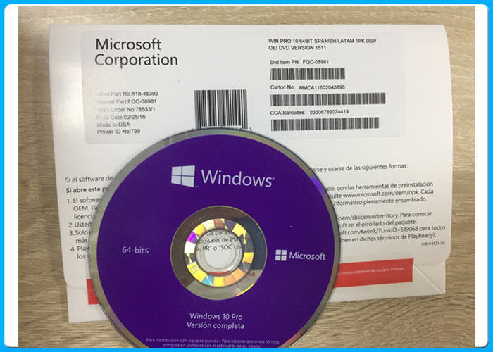 Original Microsoft Windows 10 Pro Software OEM pack 64BIT  FQC-08981 Spanish Version