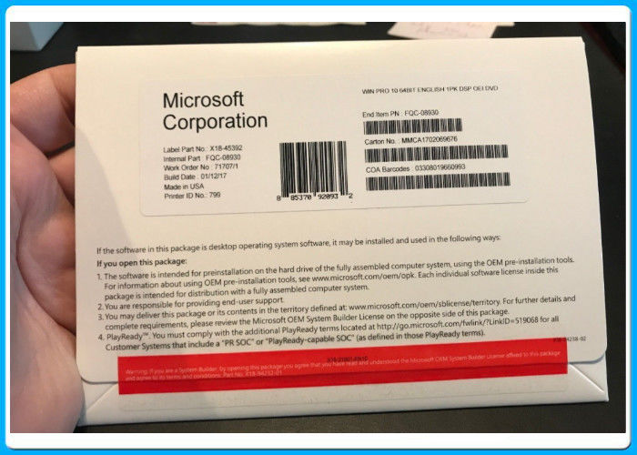 OEM Microsoft Windows 10 Pro Software 32 64 Bit Genuine License Key Italian / Russia version