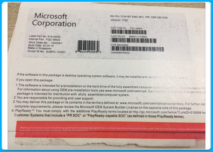 Professional Genuine Microsoft Windows 10 Pro Oem 64 Bit DVD 1703 Version